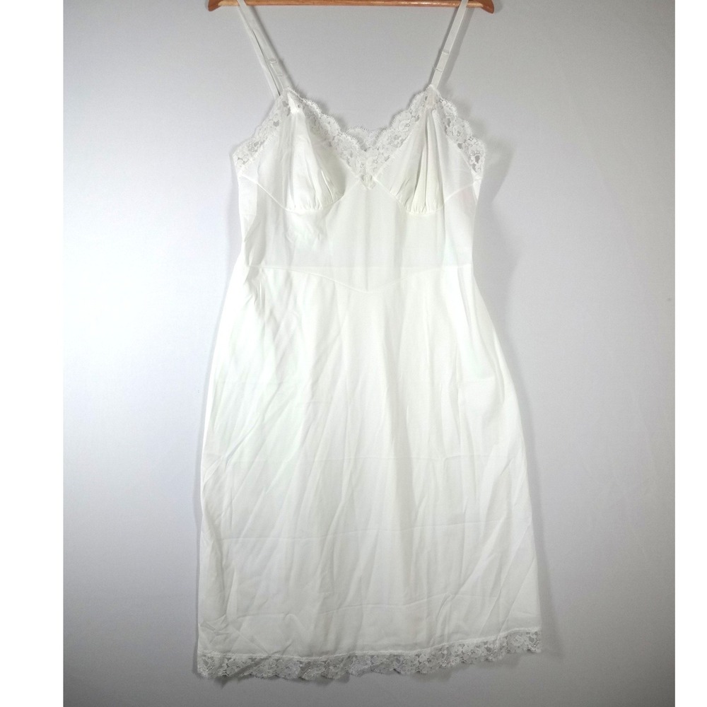 Vintage Lace Trim‎ Full Slip Women White Adjustable Straps Lingerie Retro 50s